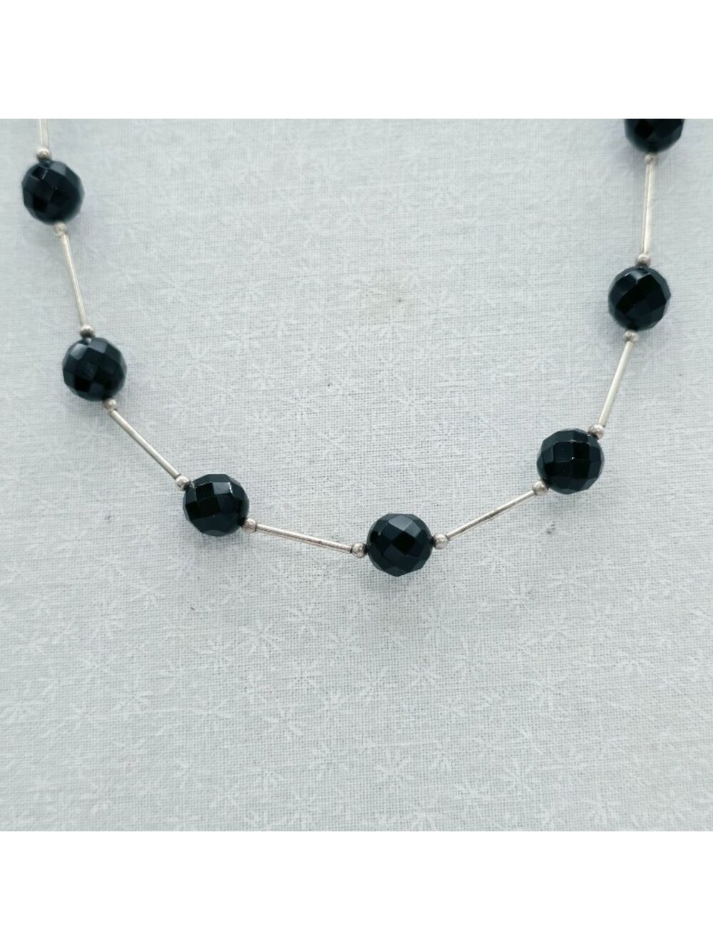 Sterling Bar & Black Faceted Bead Necklace Adjustable Lobster Clasp Closure 18"